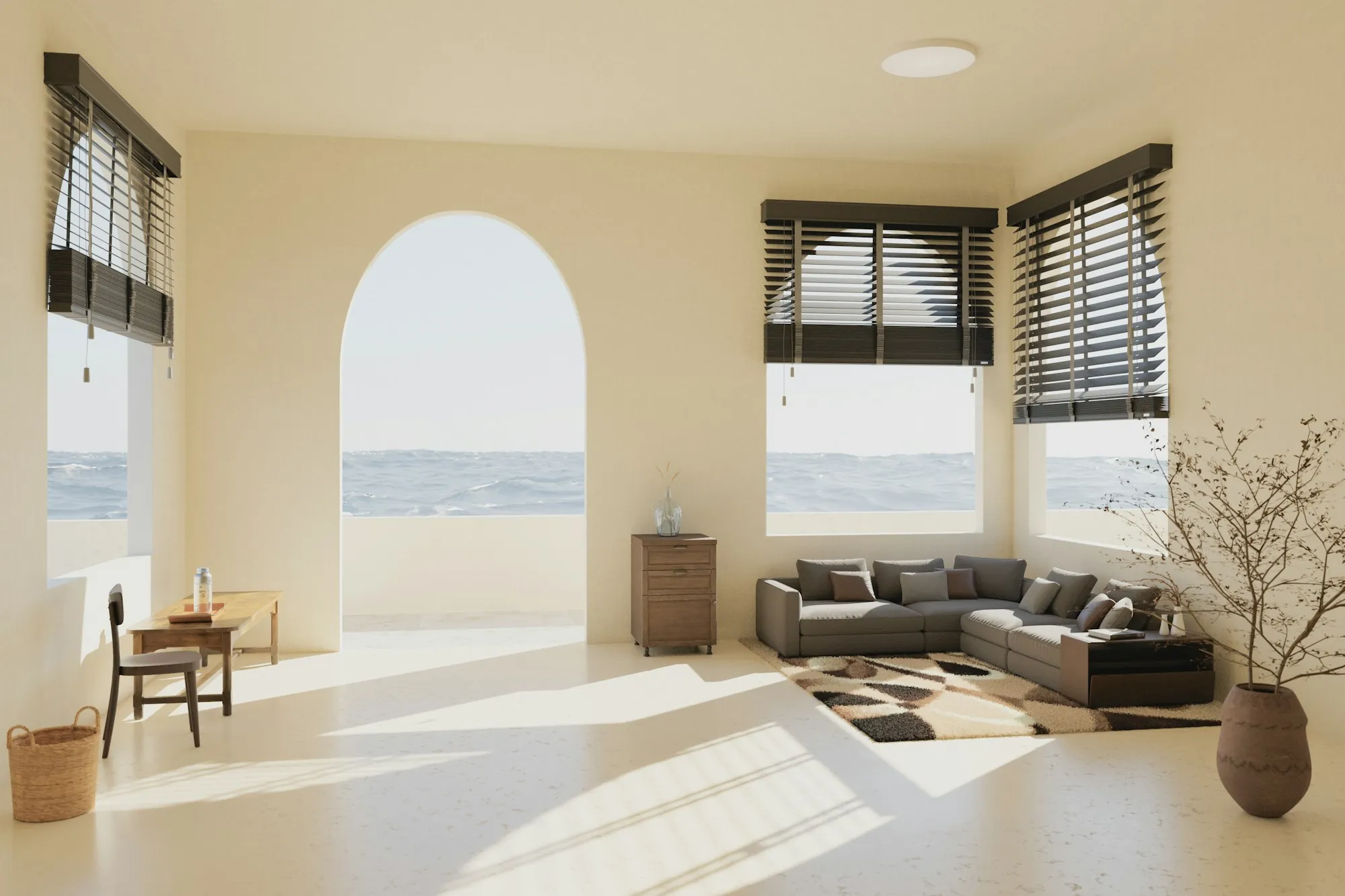 Sunny living room with an arched doorway and sectional sofa