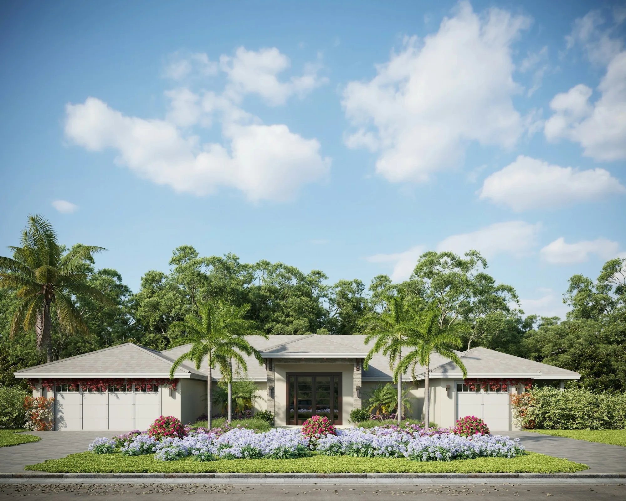 Single-story home with palm trees and flowering front landscaping